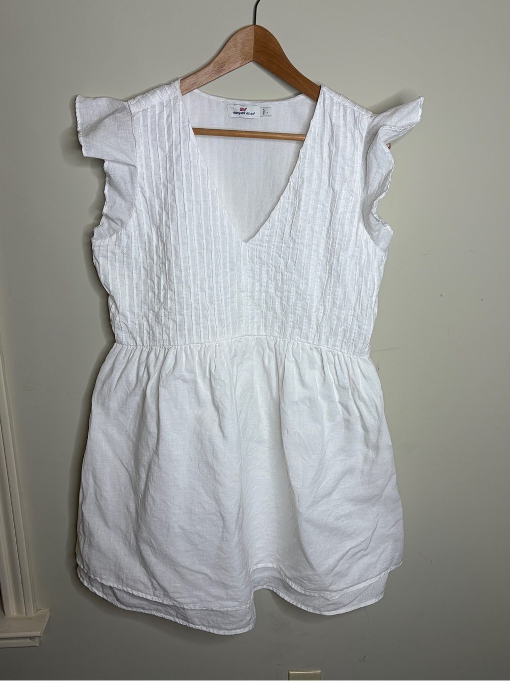 Vineyard Vines Pintuck Linen White V-Neck Ruffle Sleeve Dress Size Large